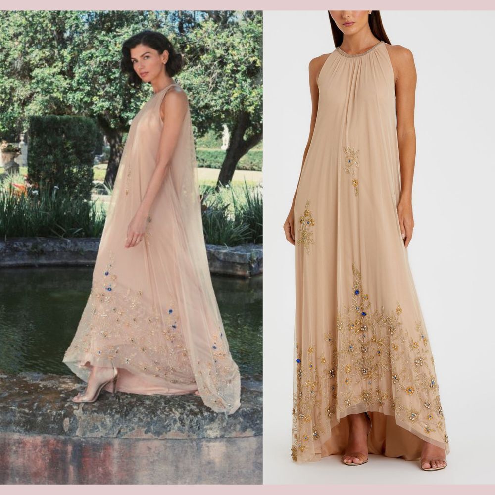 NWT Mac Duggal [ 12 ] 9232 High Neck Floral Embellished Trapeze‎ Gown Nude